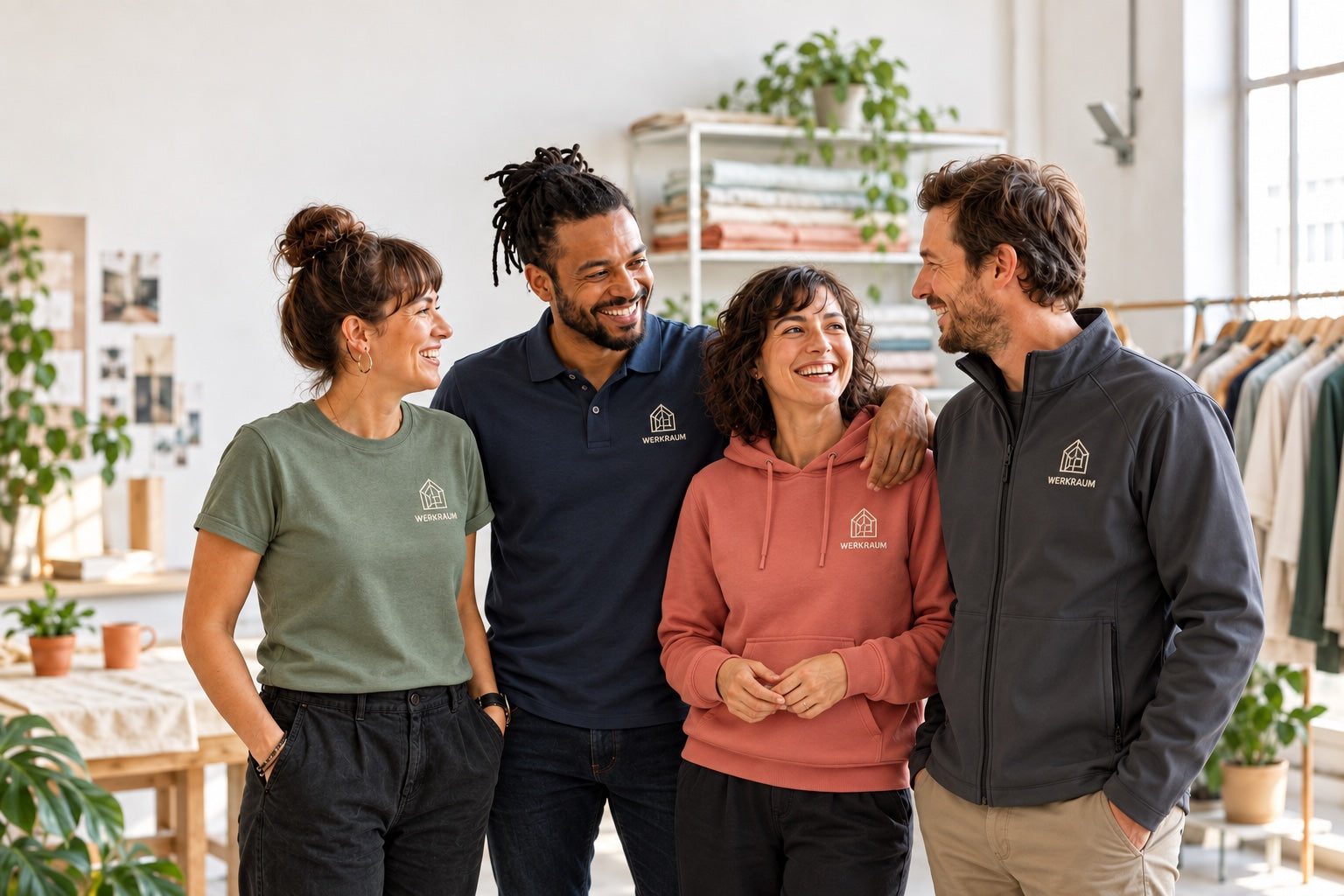 Gestaltungsbeispiel: Team in T-Shirt, Polo, Hoodie und Softshelljacke mit passendem Firmenlogo