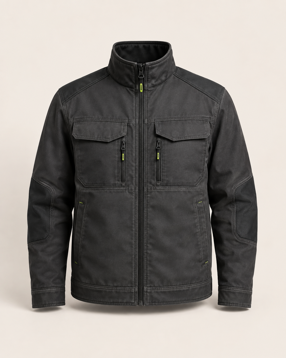 Dunkle Arbeitsjacke mit dezentem Firmenlogo auf der Brust