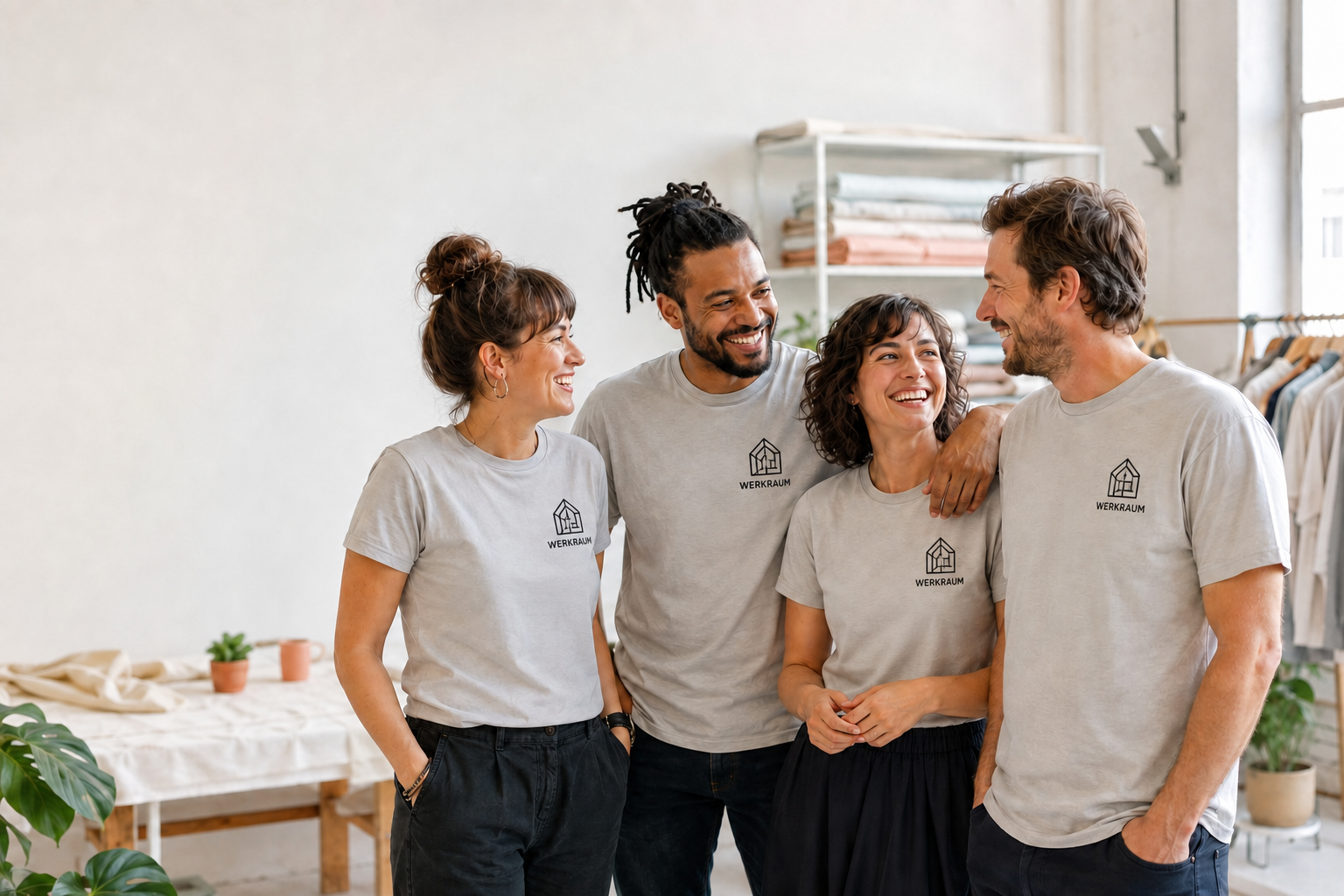 Lachendes Team in einheitlichen T-Shirts mit demselben Werkraum-Firmenlogo