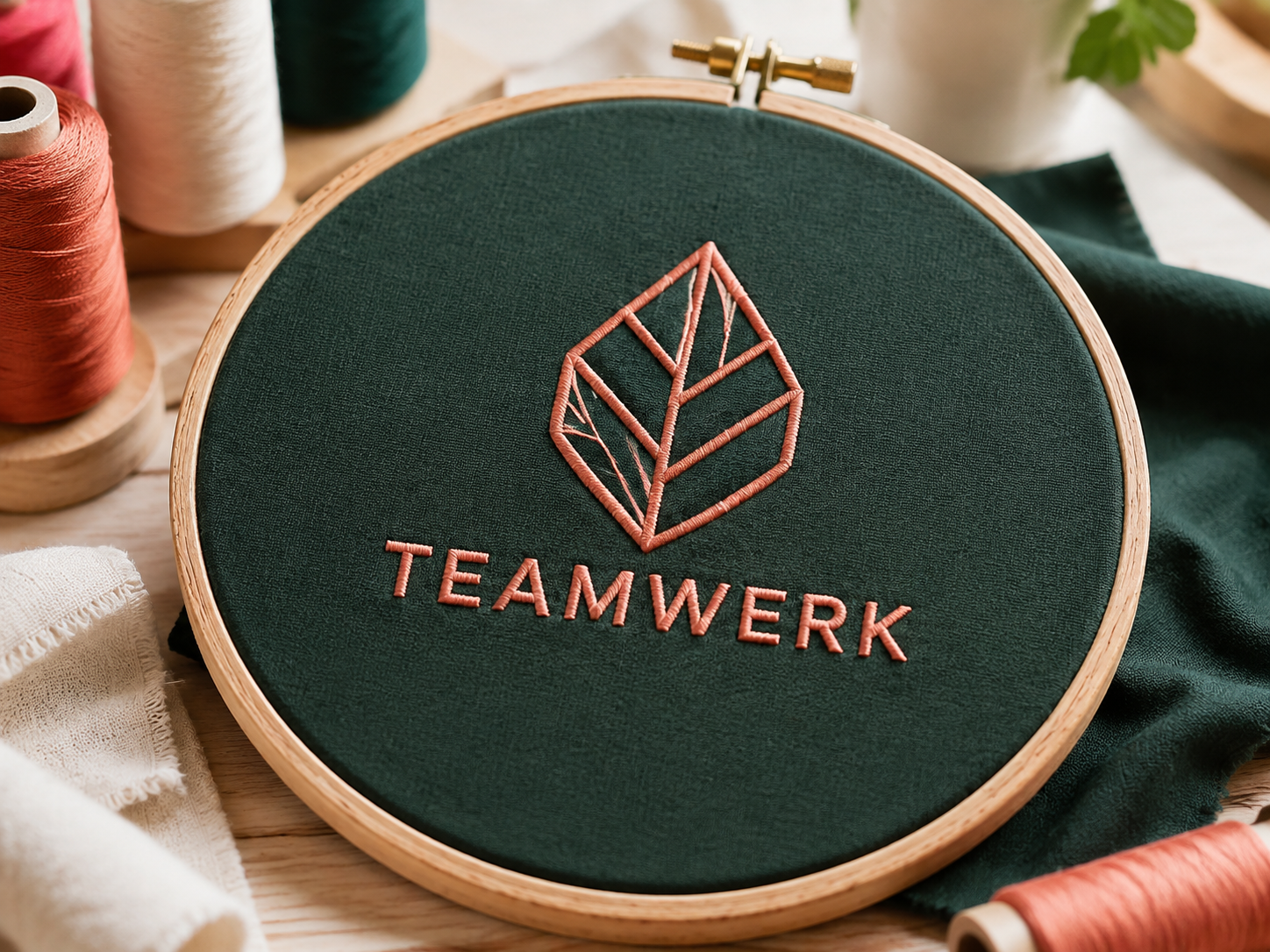 Gesticktes Logo mit Schriftzug Teamwerk in einem Stickrahmen