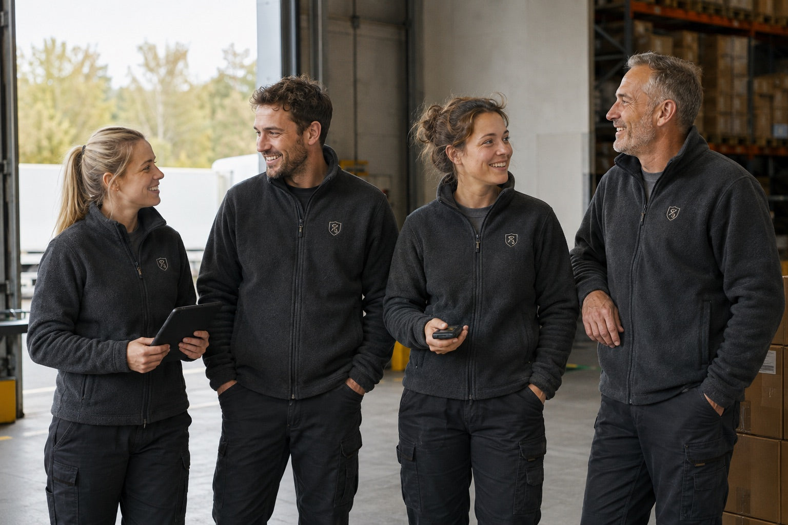 Logistikteam in einheitlichen dunklen Fleecejacken mit gesticktem Firmenlogo