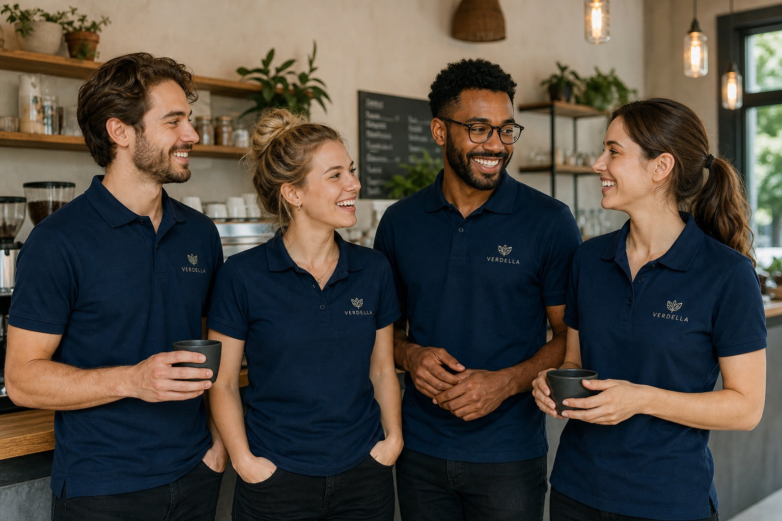 Serviceteam in einheitlichen dunkelblauen Poloshirts mit gesticktem Firmenlogo