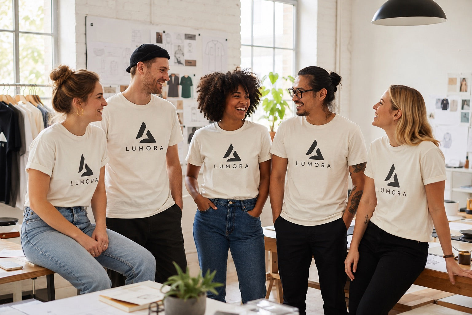 Kreativteam in einheitlichen weißen T-Shirts mit großem Firmenlogo auf der Vorderseite