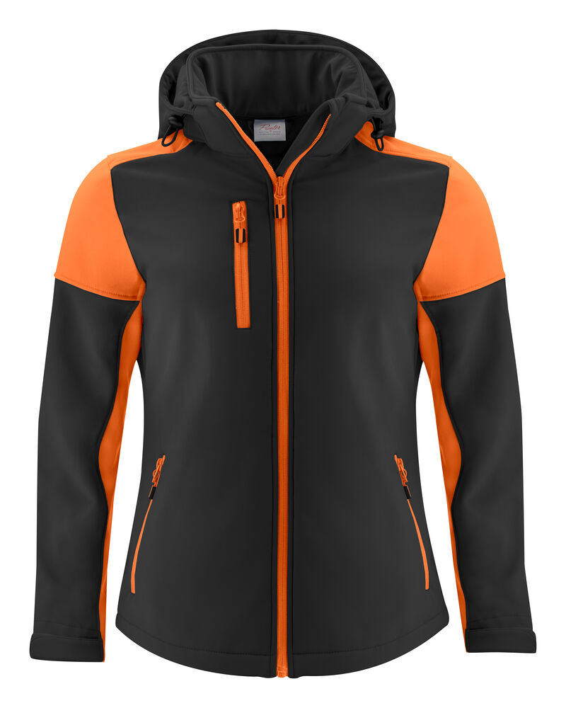 Printer PRIME Prime Softshell Jacke Damen in Schwarz/Orange – mit Firmenlogo individualisierbar
