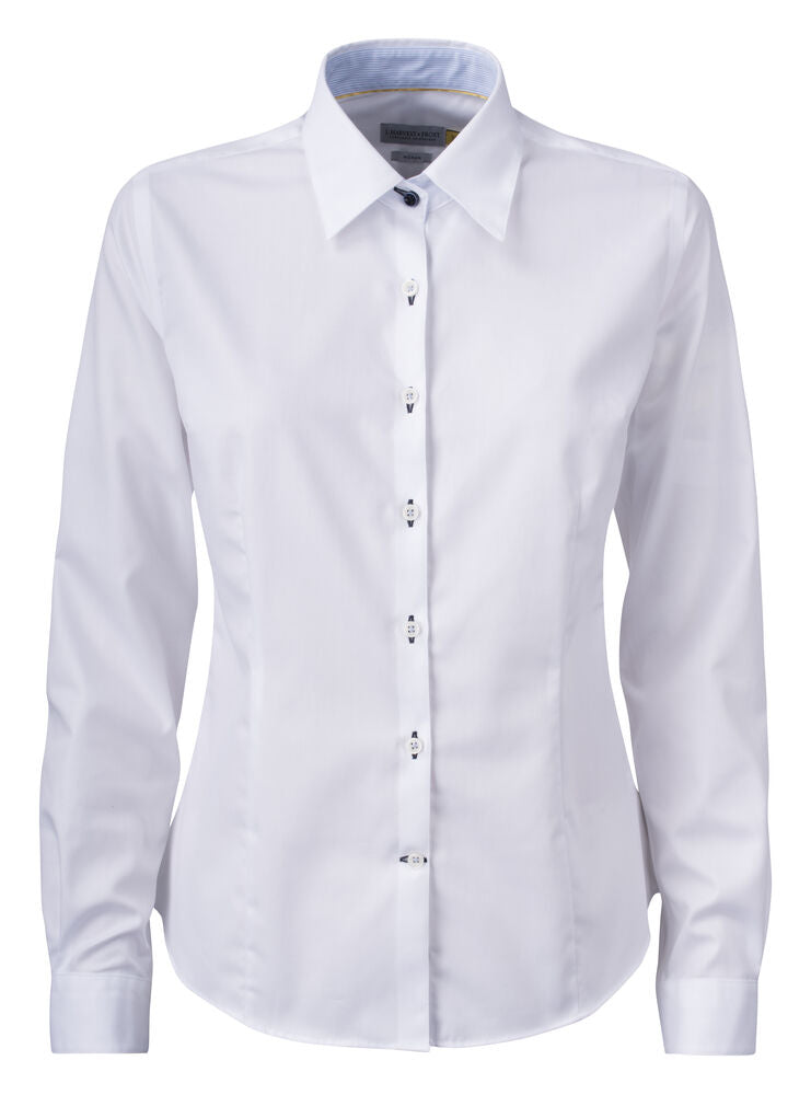 J.Harvest & Frost YB51 Twill Damen Blusen in Weiß/Hellblau – mit Firmenlogo individualisierbar