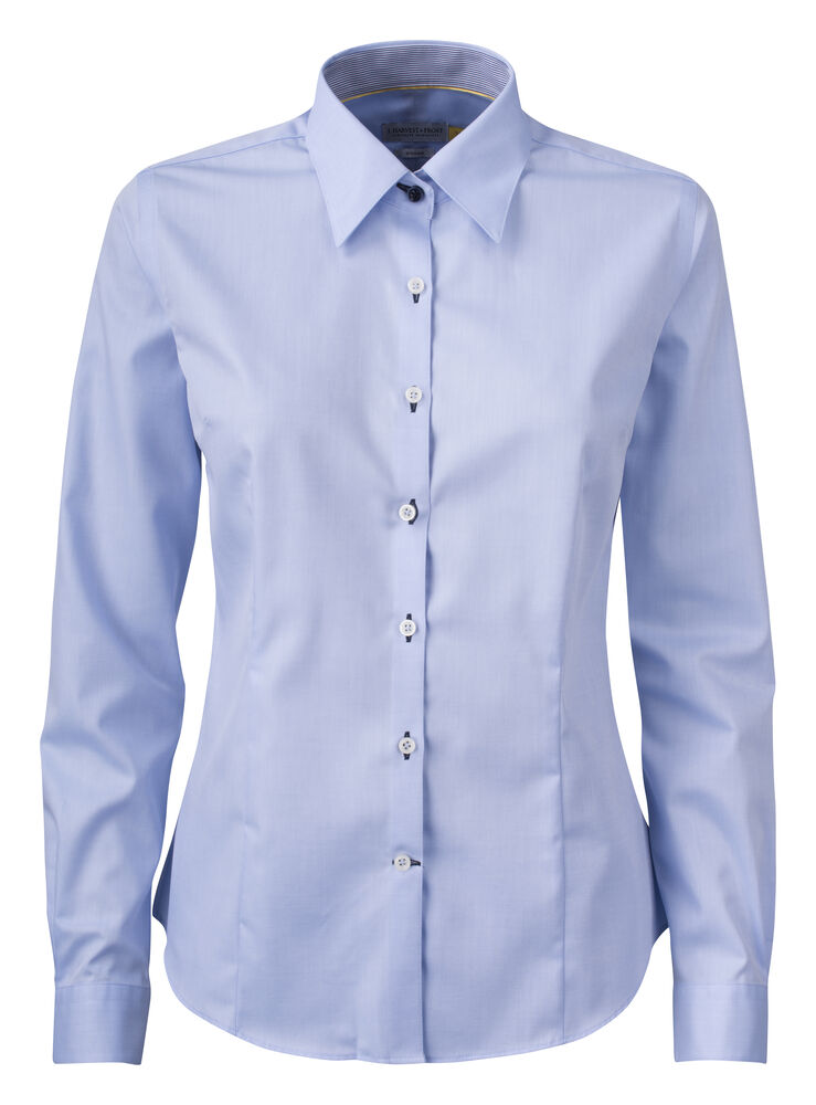J.Harvest & Frost YB51 Twill Damen Blusen in Hellblau/Marine – mit Firmenlogo individualisierbar