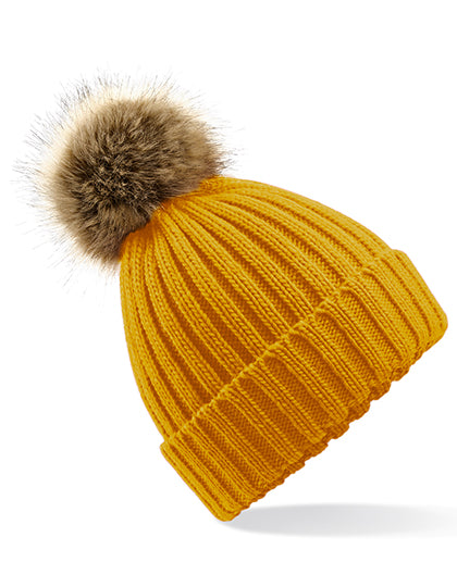 Bommelmütze im luxuriösen Ripp-Strick-Design von Beechfield – Produkt- und Farbansicht für Textildruck und Stickerei