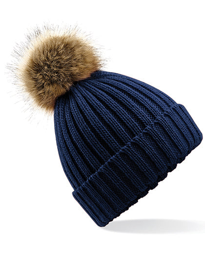 Bommelmütze im luxuriösen Ripp-Strick-Design von Beechfield – Produkt- und Farbansicht für Textildruck und Stickerei