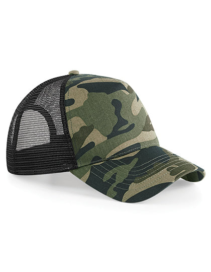 5-Panel-Netz-Cap mit Camouflage-Design von Beechfield – Produkt- und Farbansicht für Textildruck und Stickerei