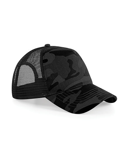 5-Panel-Netz-Cap mit Camouflage-Design von Beechfield – Produkt- und Farbansicht für Textildruck und Stickerei