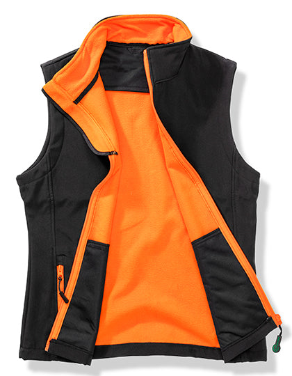 Result Recycled Women´s Printable Softshell Bodywarmer with Recycled Fleece Inner in Black/Orange – mit Firmenlogo individualisierbar