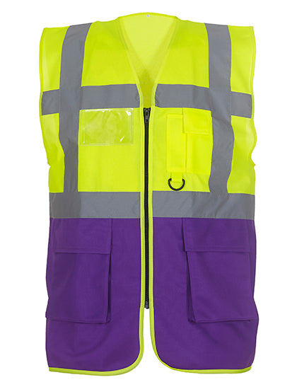 YOKO Multi-Functional Executive Waistcoat YK801 in Hi Vis Yellow / Purple