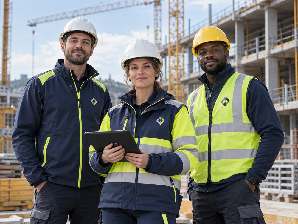 Baustellenteam in Warnschutz- und Arbeitsjacken mit einheitlichem Firmenlogo