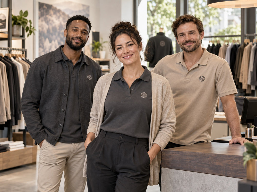 Verkaufsteam in einem modernen Geschäft mit abgestimmten Poloshirts und Overshirts