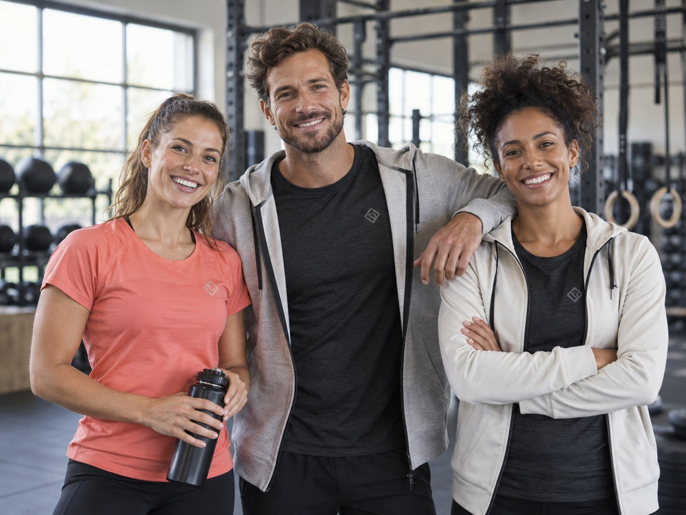Fitnessteam im Studio mit einheitlichen Funktionsshirts und Zip-Hoodies