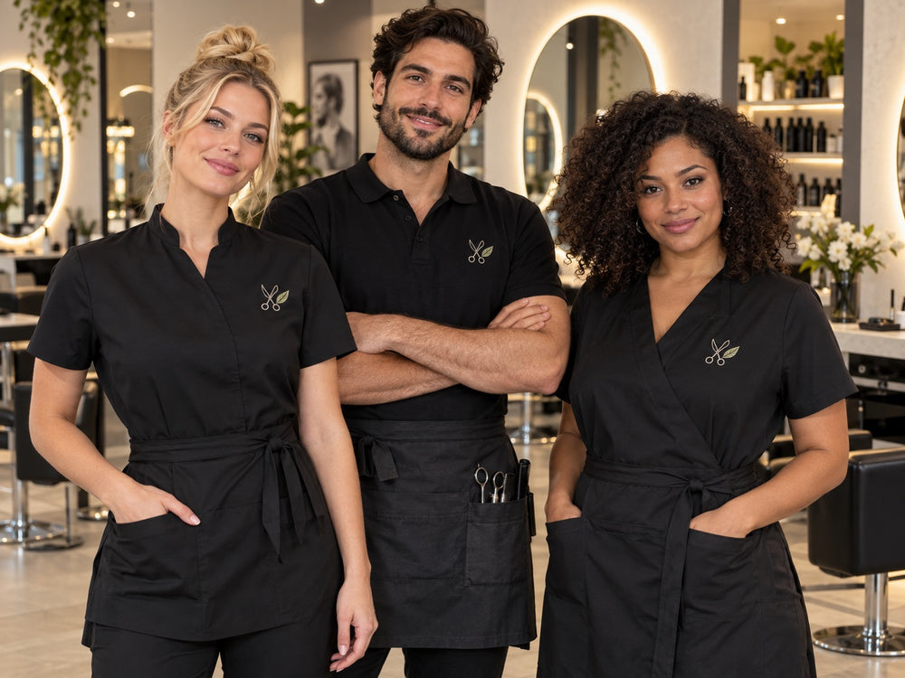 Friseur- und Beauty-Team in eleganten schwarzen Tuniken, Poloshirts und Schürzen