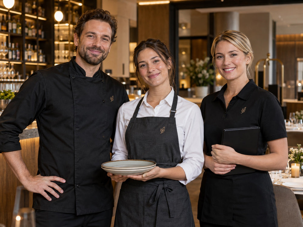 Gastronomie- und Hotelteam in abgestimmter Koch-, Service- und Polobekleidung