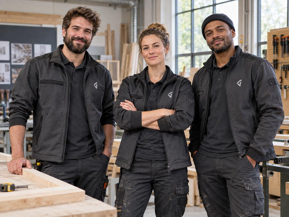 Handwerkerteam in robuster schwarzer Arbeitskleidung mit gesticktem Firmenemblem