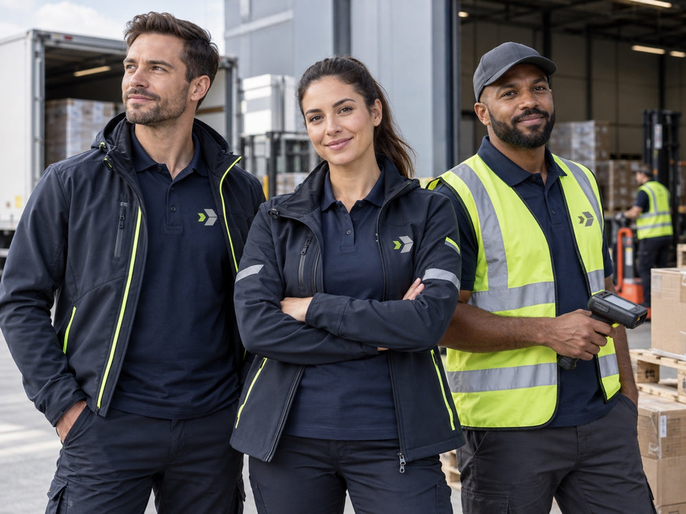Logistikteam im Warenlager mit Softshelljacken, Poloshirts und Warnschutzelementen