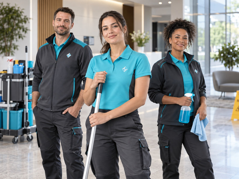 Reinigungs- und Facility-Team in türkis-anthrazitfarbener Arbeitskleidung