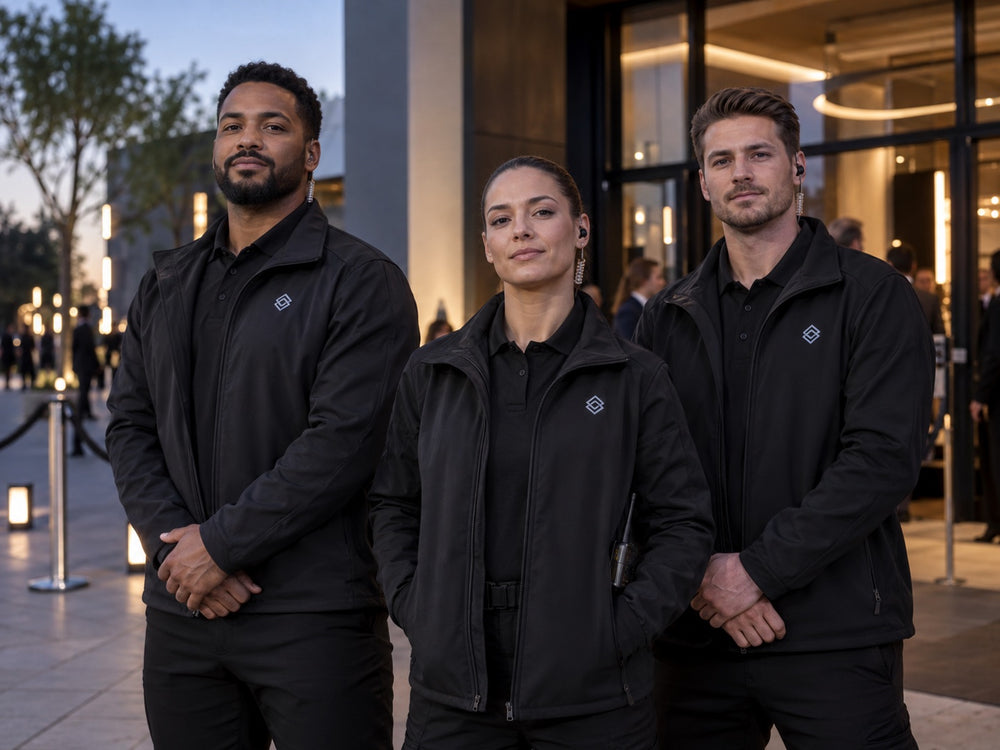 Professionelles Security-Team in schwarzen Softshelljacken und Poloshirts mit Firmenemblem