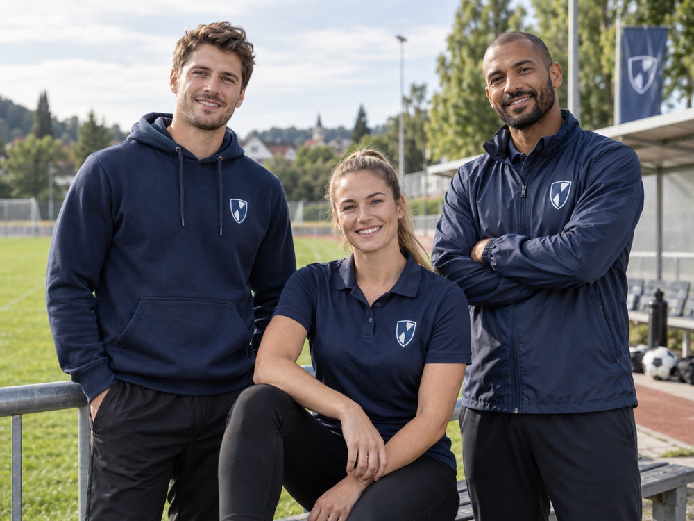Vereinsteam in einheitlichen Hoodies, Poloshirts und Teamjacken mit Vereinslogo
