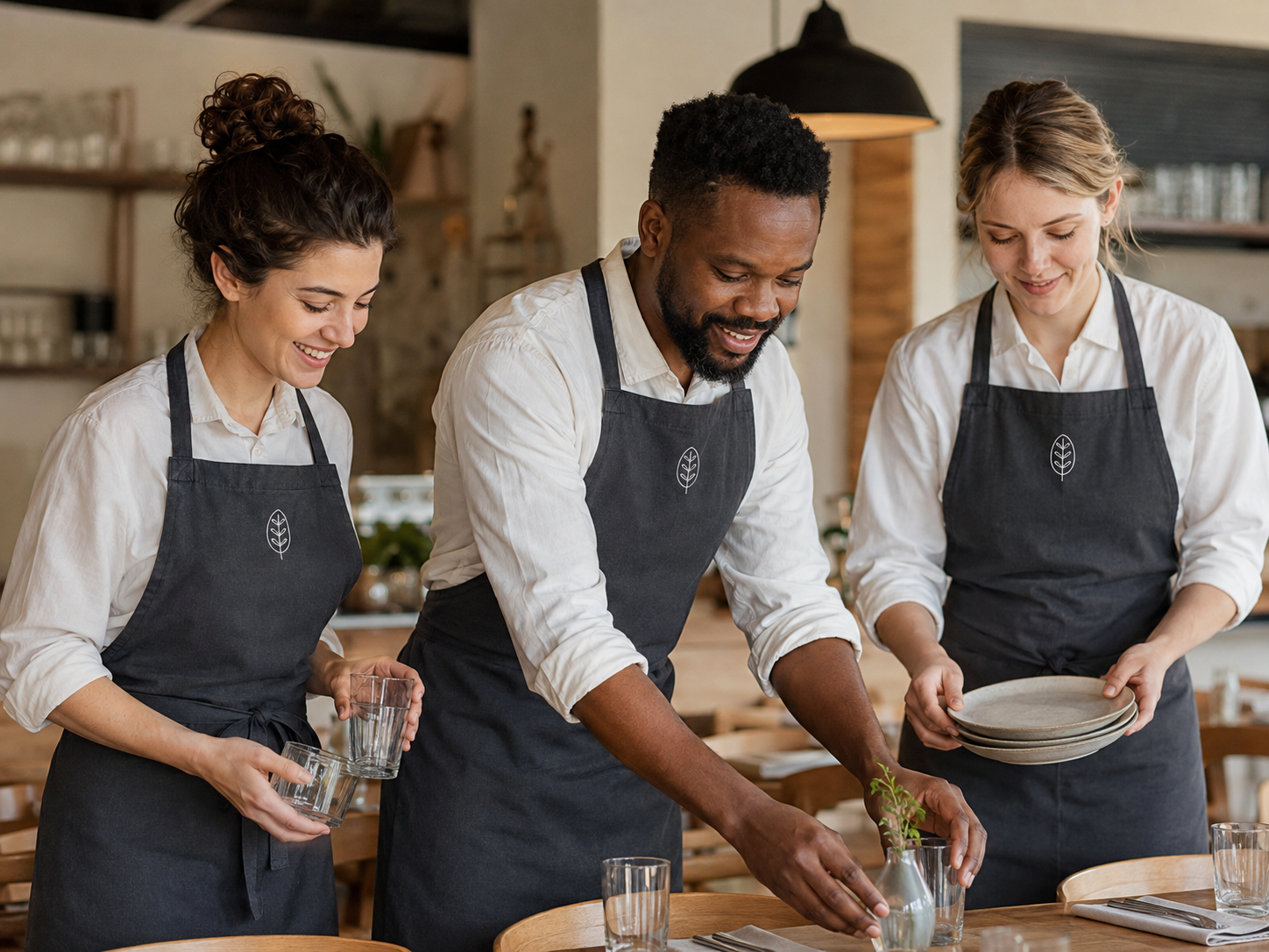 Gastronomieteam in einheitlichen Schürzen mit identischem gesticktem Logo