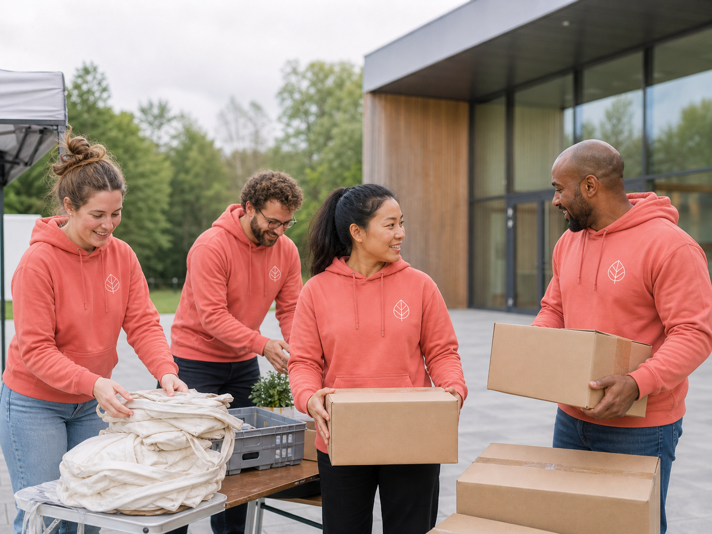 Eventteam in einheitlichen Hoodies mit identischem bedrucktem Logo