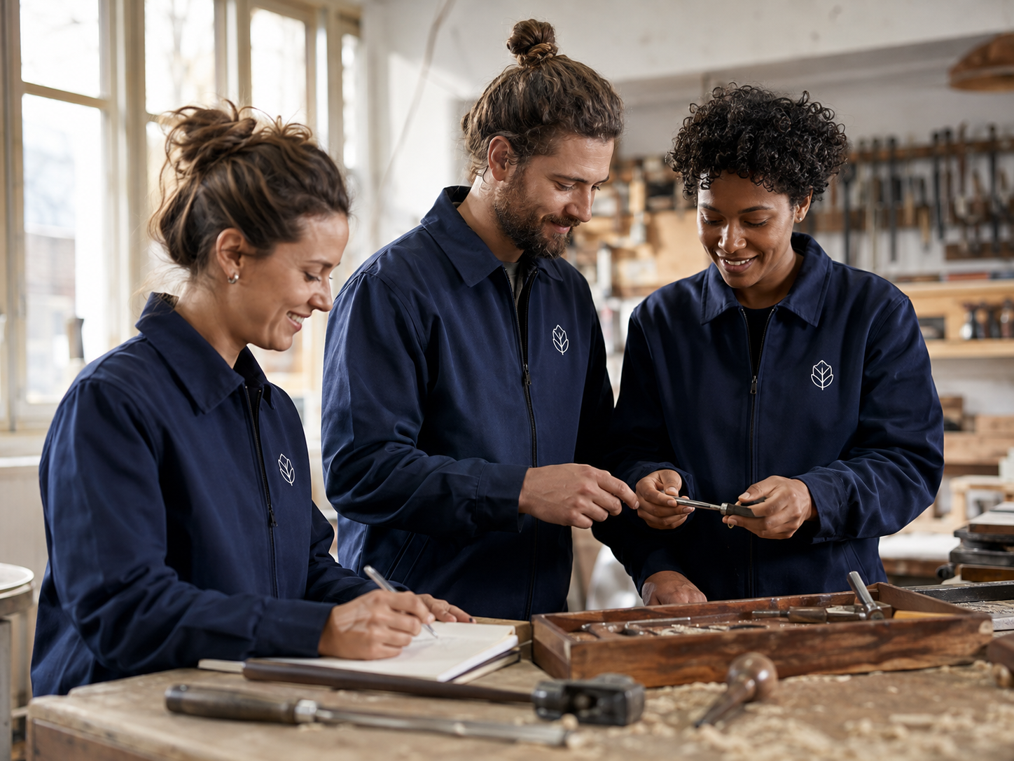 Werkstattteam in einheitlicher dunkelblauer Arbeitskleidung