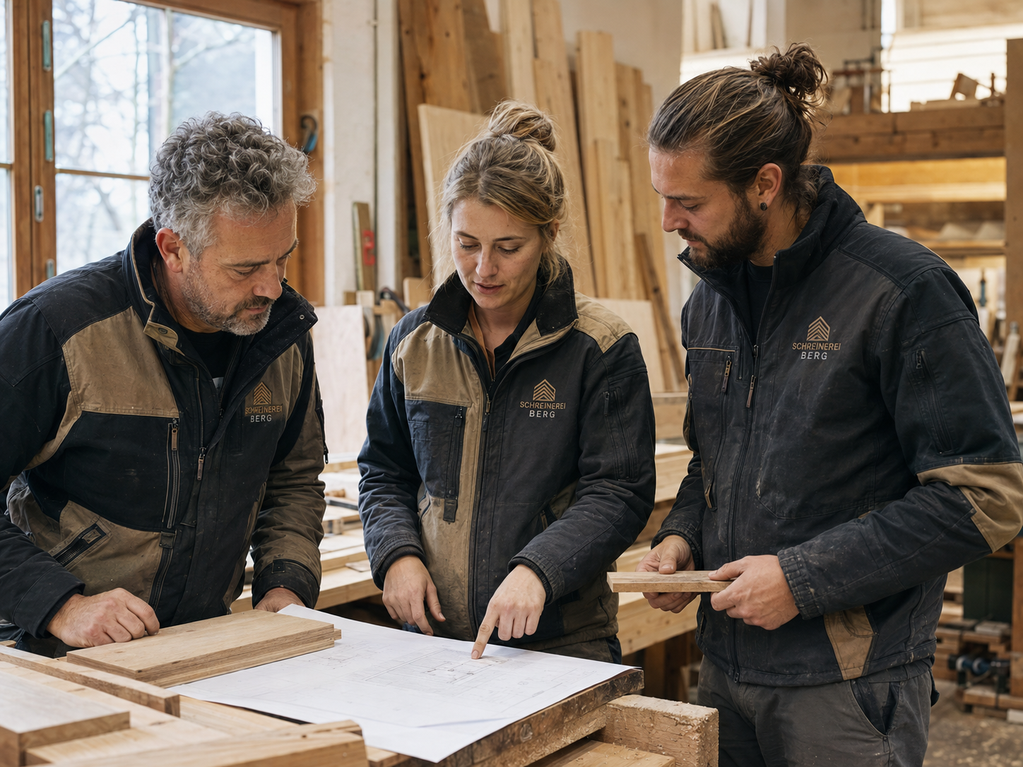 Schreinereiteam bespricht einen Bauplan in einheitlicher Arbeitskleidung mit gestickter Wortmarke