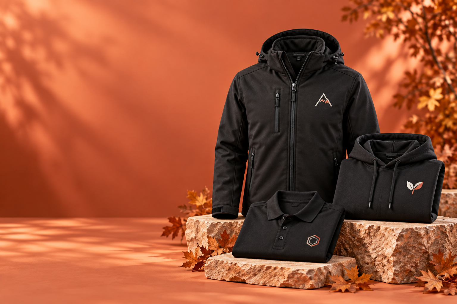Veredelte Softshelljacke, Hoodie und Poloshirt mit unterschiedlichen Firmenlogos