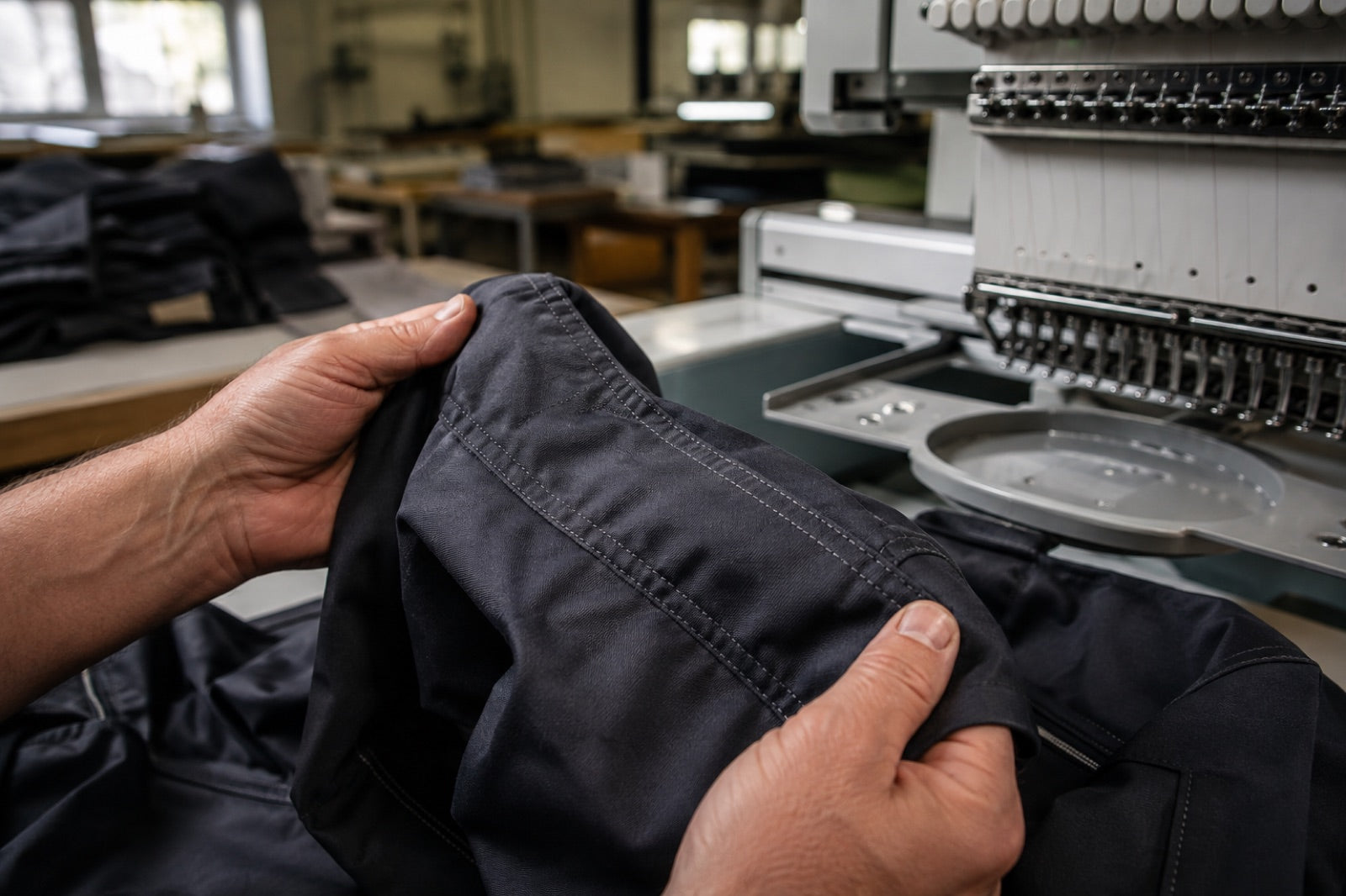 Qualitätskontrolle einer robusten Arbeitsjacke neben einer Stickmaschine