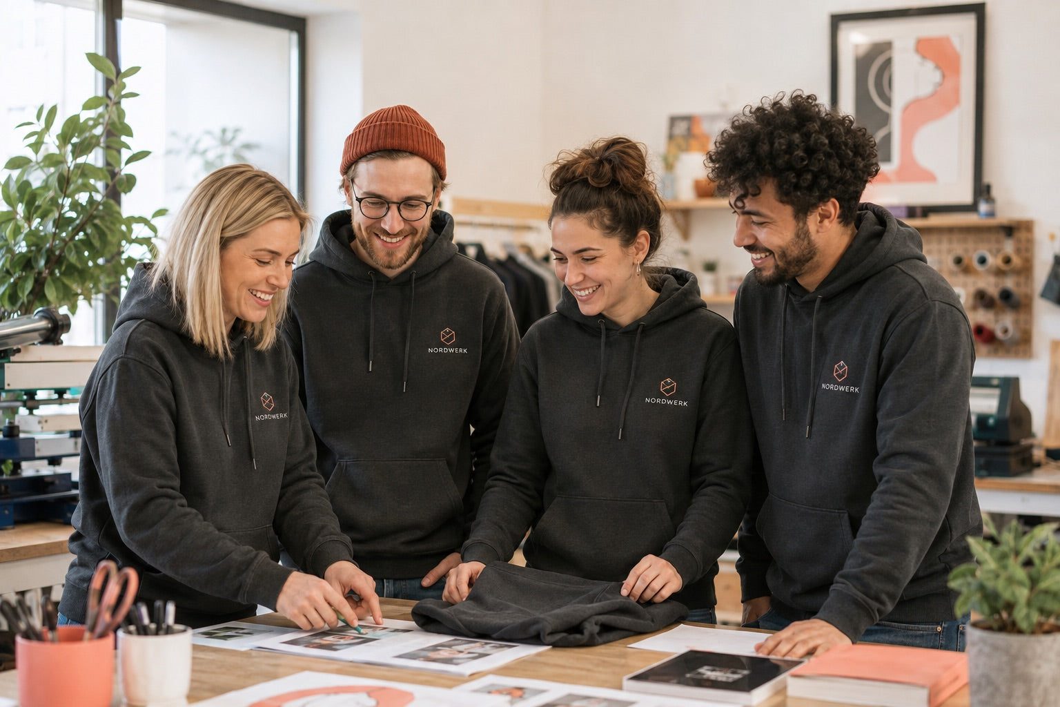 Team in einheitlichen schwarzen Hoodies mit Firmenlogo